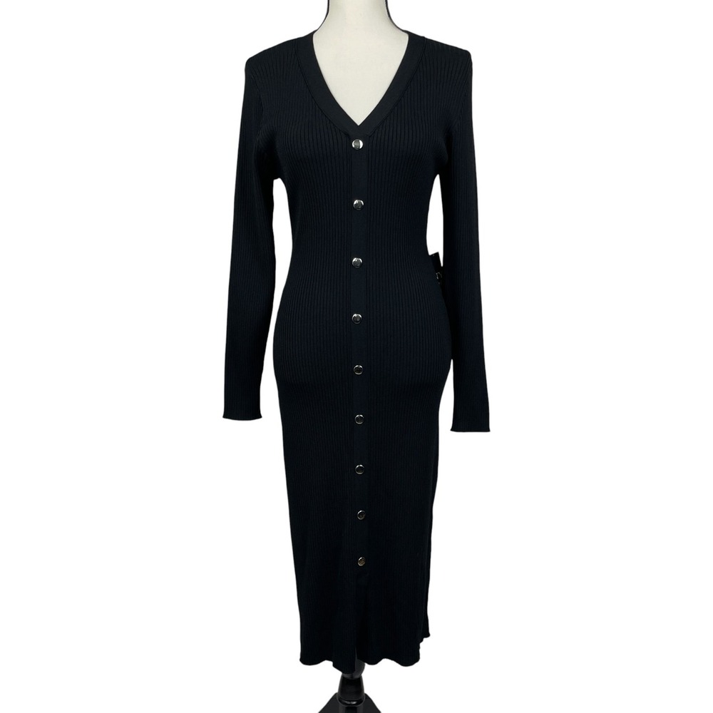 NY&C New York & Company Women's Sweater Dress Large Black Ribbed Button Front
